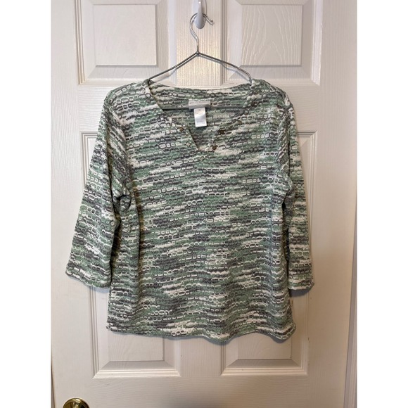 Alfred Dunner Petite Top Knit Green Gray White Embellished 3/4 Sleeve 1010-aH - Picture 1 of 5
